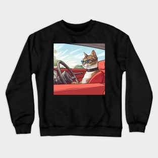 Cat Wearing Glasses Driving A Car Crewneck Sweatshirt